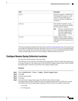 Page 253DescriptionField
UniquemessageID;1to4294967295.
ThemessageIDincreasesby1with
eachnewmessage.MessageIDs
restartat1eachtimetheapplication
isrestarted.
msg_id
Totalnumberofsegmentsinalog
message.Longmessagesaredivided
intomorethanonesegment.
Thetotal_segdependsonthe
MaximumLengthsettingin
theremoteloggingtargets
page.SeeRemoteLogging
TargetSettings.
Note
total_seg
Segmentsequencenumberwithina
message.Usethisnumbertodetermine
whatsegmentofthemessageyouare
viewing.
seg_num...