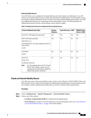 Page 293External Identity Sources
CiscoISEallowsyoutoconfiguretheexternalidentitysourcethatcontainsuserinformation.CiscoISE
connectstoanexternalidentitysourcetoobtainuserinformationforauthentication.Externalidentitysources
alsoincludecertificateinformationfortheCiscoISEserverandcertificateauthenticationprofiles.CiscoISE
usesauthenticationprotocolstocommunicatewithexternalidentitysources.Thefollowingtablelists
authenticationprotocolsandtheexternalidentitysourcesthattheysupport.
Table 15: Authentication Protocols...