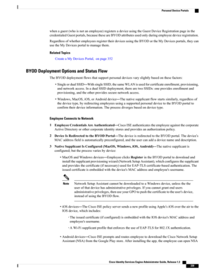 Page 385whenaguest(whoisnotanemployee)registersadeviceusingtheGuestDeviceRegistrationpageinthe
credentialedGuestportals,becausetheseareBYODattributesusedonlyduringemployeedeviceregistration.
RegardlessofwhetheremployeesregistertheirdevicesusingtheBYODortheMyDevicesportals,theycan
usetheMyDevicesportaltomanagethem.
Related Topics
CreateaMyDevicesPortal,onpage352
BYOD Deployment Options and Status Flow
TheBYODdeploymentflowsthatsupportpersonaldevicesvaryslightlybasedonthesefactors:...