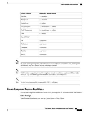 Page 623Compliance Module VersionPosture Condition
3.xorearlierAntivirus
3.xorearlierAntispyware
4.xorlaterAntimalware
3.xorearlierand4.xorlaterDiskEncryption
3.xorearlierand4.xorlaterPatchManagement
4.xorlaterUSB
Non-OPSWAT
AnyversionFile
AnyversionApplication
AnyversionCompound
AnyversionRegistry
AnyversionService
Besuretocreateseparateposturepoliciesforversion3.xorearlierandversion4.xorlater,inanticipation
ofclientsthatmayhaveinstalledanyoneoftheaboveversions.
Note...