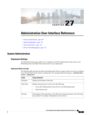 Page 727CHAPTER 27
Administration User Interface Reference
•SystemAdministration,page681
•IdentityManagement,page724
•NetworkResources,page738
•DevicePortalManagement,page752
System Administration
Deployment Settings
TheDeploymentNodespageenablesyoutoconfigureCiscoISE(Administration,PolicyService,and
Monitoring)nodesandInlinePosturenodesandtosetupadeployment.
Deployment Nodes List Page
ThefollowingtabledescribesthefieldsontheDeploymentNodesListpage,whichyoucanusetoconfigure...