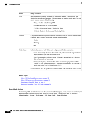 Page 728Usage GuidelinesFields
Indicatestherole(primary,secondary,orstandalone)thattheAdministrationand
Monitoringpersonashaveassumed,ifthesepersonasareenabledonthisnode.Therole
canbeanyoneormoreofthefollowing:
•PRI(A)—ReferstothePrimaryPAN
•SEC(A)—ReferstotheSecondaryPAN
•PRI(M)—ReferstothePrimaryMonitoringNode
•SEC(M)—ReferstotheSecondaryMonitoringNode
Role
(OnlyappearsifthePolicyServicepersonaisenabled)Liststheservicesthatrunonthis
CiscoISEnode.Servicescanincludeanyoneofthefollowing:
•Session
•Profiling
•All...