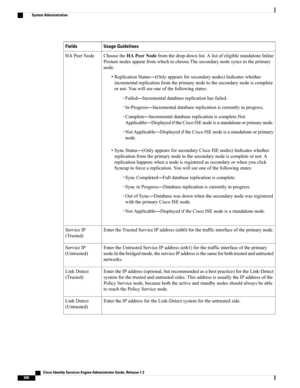 Page 736Usage GuidelinesFields
ChoosetheHAPeerNodefromthedrop-downlist.AlistofeligiblestandaloneInline
Posturenodesappearfromwhichtochoose.Thesecondarynodesyncstotheprimary
node.
•ReplicationStatus—(Onlyappearsforsecondarynodes)Indicateswhether
incrementalreplicationfromtheprimarynodetothesecondarynodeiscomplete
ornot.Youwillseeoneofthefollowingstates:
◦Failed—Incrementaldatabasereplicationhasfailed.
◦In-Progress—Incrementaldatabasereplicationiscurrentlyinprogress....