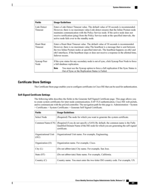 Page 737Usage GuidelinesFields
EnteraLink-DetectTimeoutvalue.Thedefaultvalueof30secondsisrecommended.
However,thereisnomaximumvalue.Link-detectensuresthattheInlinePosturenode
maintainscommunicationwiththePolicyServicenode.Iftheactivenodedoesnot
receivenotification(ping)fromthePolicyServicenodeatthespecifiedintervals,the
activenodefailsovertothestandbynode.
LinkDetect
Timeout
EnteraHeartBeatTimeoutvalue.Thedefaultvalueof30secondsisrecommended.
However,thereisnomaximumvalue.Theheartbeatisamessagethatissentbetween...