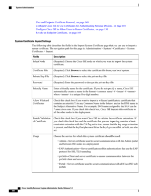 Page 744UserandEndpointCertificateRenewal,onpage149
ConfigureCiscoISEtoUseCertificatesforAuthenticatingPersonalDevices,onpage158
ConfigureCiscoISEtoAllowUserstoRenewCertificates,onpage150
RevokeanEndpointCertificate,onpage169
System Certificate Import Settings
ThefollowingtabledescribesthefieldsintheImportSystemCertificatepagethatyoucanusetoimporta
servercertificate.Thenavigationpathforthispageis:Administration>System>Certificates>System
Certificates>Import.
DescriptionFields...