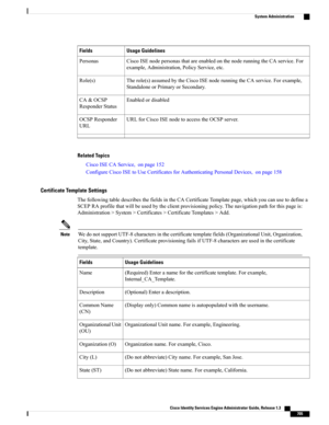 Page 751Usage GuidelinesFields
CiscoISEnodepersonasthatareenabledonthenoderunningtheCAservice.For
example,Administration,PolicyService,etc.
Personas
Therole(s)assumedbytheCiscoISEnoderunningtheCAservice.Forexample,
StandaloneorPrimaryorSecondary.
Role(s)
EnabledordisabledCA&OCSP
ResponderStatus
URLforCiscoISEnodetoaccesstheOCSPserver.OCSPResponder
URL
Related Topics
CiscoISECAService,onpage152
ConfigureCiscoISEtoUseCertificatesforAuthenticatingPersonalDevices,onpage158
Certificate Template Settings...