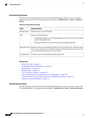 Page 756On-Demand Backup Settings
ThefollowingtabledescribesthefieldsontheOn-DemandBackuppage,whichyoucanusetoobtaina
backupatanypointoftime.Thenavigationpathforthispageis:Administration>System>Backup&
Restore.
Table 66: On-Demand Backup Settings
Usage GuidelinesFields
Enterthenameofyourbackupfile.BackupName
Selectoneofthefollowing:
•Configurationbackup—containsbothapplication-specificandCiscoADEoperating
systemconfigurationdata.
•Operationalbackup—containsMonitoringandTroubleshootingdata.
Type...