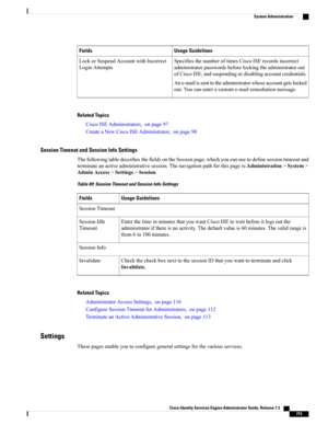 Page 759Usage GuidelinesFields
SpecifiesthenumberoftimesCiscoISErecordsincorrect
administratorpasswordsbeforelockingtheadministratorout
ofCiscoISE,andsuspendingordisablingaccountcredentials.
Ane-mailissenttotheadministratorwhoseaccountgetslocked
out.Youcanenteracustome-mailremediationmessage.
LockorSuspendAccountwithIncorrect
LoginAttempts
Related Topics
CiscoISEAdministrators,onpage97
CreateaNewCiscoISEAdministrator,onpage98
Session Timeout and Session Info Settings...