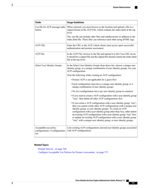 Page 763Usage GuidelinesFields
Whenselected,youmustbrowsetothelocationanduploadafileina
zippedformatintheAUPFile,whichcontainstheindex.htmlatthetop
level.
The.zipfilecanincludeotherfilesandsubdirectoriesinadditiontothe
index.htmlfile.ThesefilescanreferenceeachotherusingHTMLtags.
UsefileforAUPmessageradio
button
EntertheURLtotheAUP,whichclientsmustaccessuponsuccessful
authenticationandpostureassessment.
AUPURL
IntheAUPFile,browsetothefileanduploadittotheCiscoISEserver....