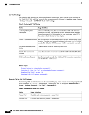 Page 764EAP-FAST Settings
ThefollowingtabledescribesthefieldsontheProtocolSettingspage,whichyoucanusetoconfigurethe
EAP-FAST,EAP-TLS,andPEAPprotocols.Thenavigationpathforthispageis:Administration>System
>Settings>Protocols>EAP-FAST>EAPFASTSettings.
Table 73: Configuring EAP-FAST Settings
Usage GuidelinesFields
Enterauser-friendlystringthatdescribestheCiscoISEnodethatsends
credentialstoaclient.TheclientcandiscoverthisstringintheProtected
AccessCredentials(PAC)informationfortype,length,andvalue(TLV)....