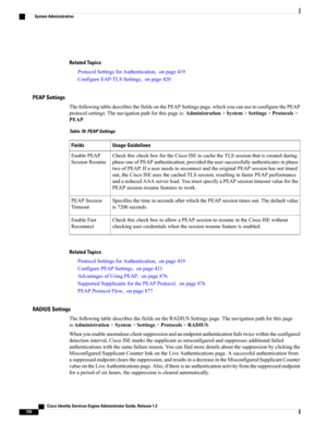 Page 766Related Topics
ProtocolSettingsforAuthentication,onpage419
ConfigureEAP-TLSSettings,onpage420
PEAP Settings
ThefollowingtabledescribesthefieldsonthePEAPSettingspage,whichyoucanusetoconfigurethePEAP
protocolsettings.Thenavigationpathforthispageis:Administration>System>Settings>Protocols>
PEAP.
Table 76: PEAP Settings
Usage GuidelinesFields
CheckthischeckboxfortheCiscoISEtocachetheTLSsessionthatiscreatedduring
phaseoneofPEAPauthentication,providedtheusersuccessfullyauthenticatesinphase...