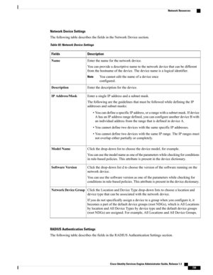 Page 785Network Device Settings
ThefollowingtabledescribesthefieldsintheNetworkDevicesection.
Table 93: Network Device Settings
DescriptionFields
Enterthenameforthenetworkdevice.
Youcanprovideadescriptivenametothenetworkdevicethatcanbedifferent
fromthehostnameofthedevice.Thedevicenameisalogicalidentifier.
Youcannoteditthenameofadeviceonce
configured.
Note
Name
Enterthedescriptionforthedevice.Description
EnterasingleIPaddressandasubnetmask.
ThefollowingaretheguidelinesthatmustbefollowedwhiledefiningtheIP...