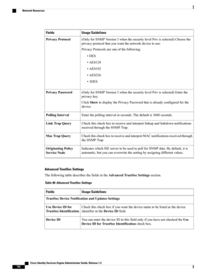 Page 788Usage GuidelinesFields
(OnlyforSNMPVersion3whenthesecuritylevelPrivisselected)Choosethe
privacyprotocolthatyouwantthenetworkdevicetouse.
PrivacyProtocolsareoneofthefollowing:
•DES
•AES128
•AES192
•AES256
•3DES
PrivacyProtocol
(OnlyforSNMPVersion3whenthesecuritylevelPrivisselected)Enterthe
privacykey.
ClickShowtodisplaythePrivacyPasswordthatisalreadyconfiguredforthe
device.
PrivacyPassword
Enterthepollingintervalinseconds.Thedefaultis3600seconds.PollingInterval...