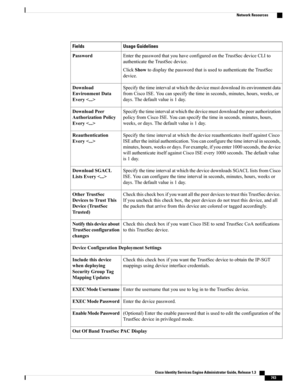 Page 789Usage GuidelinesFields
EnterthepasswordthatyouhaveconfiguredontheTrustSecdeviceCLIto
authenticatetheTrustSecdevice.
ClickShowtodisplaythepasswordthatisusedtoauthenticatetheTrustSec
device.
Password
Specifythetimeintervalatwhichthedevicemustdownloaditsenvironmentdata
fromCiscoISE.Youcanspecifythetimeinseconds,minutes,hours,weeks,or
days.Thedefaultvalueis1day.
Download
EnvironmentData
Every
Specifythetimeintervalatwhichthedevicemustdownloadthepeerauthorization...