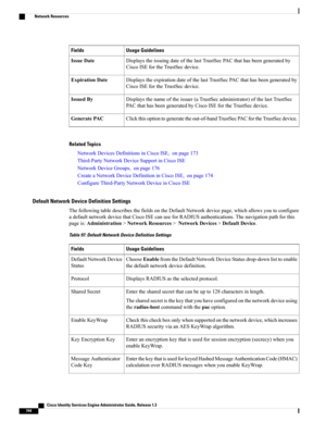 Page 790Usage GuidelinesFields
DisplaystheissuingdateofthelastTrustSecPACthathasbeengeneratedby
CiscoISEfortheTrustSecdevice.
IssueDate
DisplaystheexpirationdateofthelastTrustSecPACthathasbeengeneratedby
CiscoISEfortheTrustSecdevice.
ExpirationDate
Displaysthenameoftheissuer(aTrustSecadministrator)ofthelastTrustSec
PACthathasbeengeneratedbyCiscoISEfortheTrustSecdevice.
IssuedBy
Clickthisoptiontogeneratetheout-of-bandTrustSecPACfortheTrustSecdevice.GeneratePAC
Related Topics...