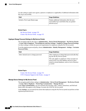 Page 810Usethissettingtonotifyusers(guests,sponsorsoremployeesasapplicable)ofadditionalinformationafter
theyloginsuccessfully.
Usage GuidelinesField
Displayadditionalinformationaftertheusers
successfullyloginandbeforetheyaregranted
networkaccess.
IncludeaPost-LoginBannerpage
Related Topics
MyDevicesPortal,onpage338
CreateaMyDevicesPortal,onpage352
Employee Change Password Settings for My Devices Portals
ThenavigationpathforthispageisAdministration>DevicePortalManagement>MyDevicesPortals...