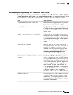 Page 821Self-Registration Page Settings for Credentialed Guest Portals
ThenavigationpathforthispageisGuestAccess>Configure>GuestPortals>Create,EditorDuplicate
>PortalBehaviorandFlowSettings>SelfRegistrationPageSettings.Usethesesettingstoenableguests
toregisterthemselvesandspecifytheinformationtheyneedtoprovideontheSelf-Registrationform.
Usage GuidelinesField
Choosetheguesttypetowhichalltheself-registered
guestsusingthisportalshouldbeassigned.
Assignself-registeredgueststoguesttype...