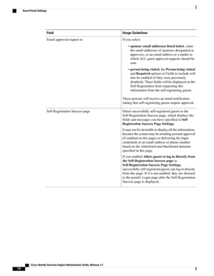 Page 824Usage GuidelinesField
Ifyouselect:
•sponsoremailaddresseslistedbelow,enter
theemailaddressesofsponsorsdesignatedas
approvers,oranemailaddressoramailerto
whichALLguestapprovalrequestsshouldbe
sent.
•personbeingvisited,thePersonbeingvisited
andRequiredoptionsinFieldstoincludewill
alsobeenabled(iftheywerepreviously
disabled).Thesefieldswillbedisplayedonthe
Self-Registrationformrequestingthis
informationfromtheself-registeringguests.
Thesepersonswillreceiveanemailnotification...