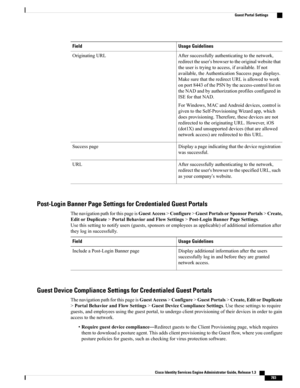 Page 829Usage GuidelinesField
Aftersuccessfullyauthenticatingtothenetwork,
redirecttheuser’sbrowsertotheoriginalwebsitethat
theuseristryingtoaccess,ifavailable.Ifnot
available,theAuthenticationSuccesspagedisplays.
MakesurethattheredirectURLisallowedtowork
onport8443ofthePSNbytheaccess-controlliston
theNADandbyauthorizationprofilesconfiguredin
ISEforthatNAD.
ForWindows,MACandAndroiddevices,controlis
giventotheSelf-ProvisioningWizardapp,which
doesprovisioning.Therefore,thesedevicesarenot...