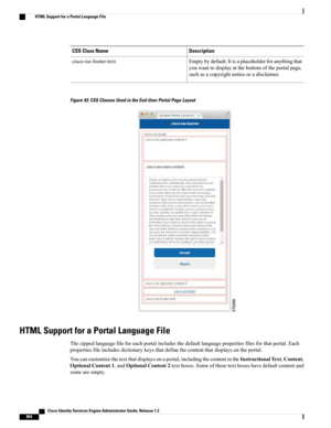 Page 850DescriptionCSS Class Name
Emptybydefault.Itisaplaceholderforanythingthat
youwanttodisplayatthebottomoftheportalpage,
suchasacopyrightnoticeoradisclaimer.
cisco-ise-footer-text
Figure 43: CSS Classes Used in the End-User Portal Page Layout
HTML Support for a Portal Language File
Thezippedlanguagefileforeachportalincludesthedefaultlanguagepropertiesfilesforthatportal.Each
propertiesfileincludesdictionarykeysthatdefinethecontentthatdisplaysontheportal....