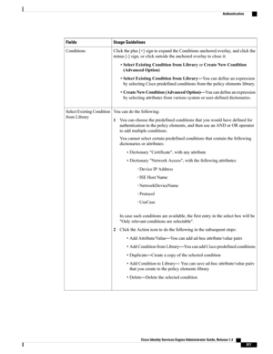 Page 863Usage GuidelinesFields
Clicktheplus[+]signtoexpandtheConditionsanchoredoverlay,andclickthe
minus[-]sign,orclickoutsidetheanchoredoverlaytocloseit:
•SelectExistingConditionfromLibraryorCreateNewCondition
(AdvancedOption)
•SelectExistingConditionfromLibrary—Youcandefineanexpression
byselectingCiscopredefinedconditionsfromthepolicyelementslibrary.
•CreateNewCondition(AdvancedOption)—Youcandefineanexpression
byselectingattributesfromvarioussystemoruser-defineddictionaries.
Conditions
Youcandothefollowing:...