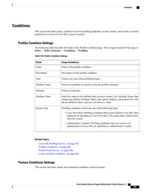 Page 871Conditions
Thissectiondescribespolicyconditionsusedforprofilingendpoints,postureclients,andtolimitorextend
permissiontoaccesstoCiscoISEsystemresources.
Profiler Condition Settings
ThefollowingtabledescribesthefieldsintheProfilerConditionpage.Thenavigationpathforthispageis:
Policy>PolicyElements>Conditions>Profiling.
Table 110: Profiler Condition Settings
Usage GuidelinesFields
Nameoftheprofilercondition.Name
Descriptionoftheprofilercondition.Description
Chooseanyoneofthepredefinedtypes.Type...