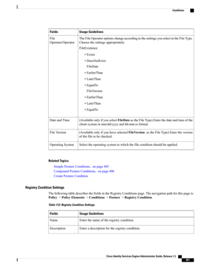 Page 873Usage GuidelinesFields
TheFileOperatoroptionschangeaccordingtothesettingsyouselectintheFileType.
Choosethesettingsappropriately:
FileExistence
•Exists
•DoesNotExist
FileDate
•EarlierThan
•LaterThan
•EqualTo
FileVersion
•EarlierThan
•LaterThan
•EqualTo
File
Operator/Operator
(AvailableonlyifyouselectFileDateastheFileType)Enterthedateandtimeofthe
clientsysteminmm/dd/yyyyandhh:mm:ssformat.
DateandTime
(AvailableonlyifyouhaveselectedFileVersionastheFileType)Entertheversion
ofthefiletobechecked.
FileVersion...