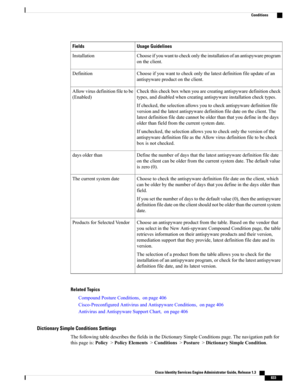 Page 879Usage GuidelinesFields
Chooseifyouwanttocheckonlytheinstallationofanantispywareprogram
ontheclient.
Installation
Chooseifyouwanttocheckonlythelatestdefinitionfileupdateofan
antispywareproductontheclient.
Definition
Checkthischeckboxwhenyouarecreatingantispywaredefinitioncheck
types,anddisabledwhencreatingantispywareinstallationchecktypes.
Ifchecked,theselectionallowsyoutocheckantispywaredefinitionfile
versionandthelatestantispywaredefinitionfiledateontheclient.The...