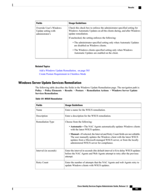 Page 899Usage GuidelinesFields
Checkthischeckboxtoenforcetheadministrator-specifiedsettingfor
WindowsAutomaticUpdatesonalltheclientsduring,andafterWindows
updateremediation.
Ifunchecked,thesettingenforcesthefollowing:
•Theadministrator-specifiedsettingonlywhenAutomaticUpdates
aredisabledonWindowsclients.
•TheWindowsclients-specifiedsettingonlywhenWindows
AutomaticUpdatesareenabledontheclient.
OverrideUser’sWindows
Updatesettingwith
administrator’s
Related Topics
AddaWindowsUpdateRemediation,onpage585...