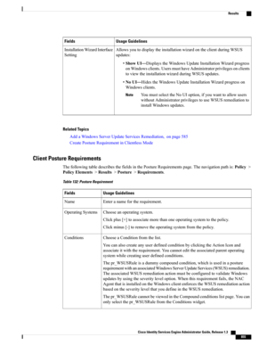 Page 901Usage GuidelinesFields
AllowsyoutodisplaytheinstallationwizardontheclientduringWSUS
updates:
•ShowUI—DisplaystheWindowsUpdateInstallationWizardprogress
onWindowsclients.UsersmusthaveAdministratorprivilegesonclients
toviewtheinstallationwizardduringWSUSupdates.
•NoUI—HidestheWindowsUpdateInstallationWizardprogresson
Windowsclients.
YoumustselecttheNoUIoption,ifyouwanttoallowusers
withoutAdministratorprivilegestouseWSUSremediationto
installWindowsupdates.
Note
InstallationWizardInterface
Setting
Related...