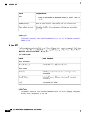 Page 912Usage GuidelinesOption
•Entertheportnumber.ThedefaultportnumberforTelnetis23andSSH
is22.
Port
Entertheenablepasswordifitisdifferentfromyourloginpassword.EnablePassword
Checkthischeckboxifyourenablepasswordisthesameasyourlogin
password.
Sameasloginpassword
Related Topics
TroubleshootConnectivityIssuesinaTrustsec-EnabledNetworkwithSXP-IPMappings,onpage652
SupportforSXP
IP User SGT
ThefollowingtabledescribesthefieldsontheIPUserSGTpage,whichyouusetocompareIP-SGTvalues...