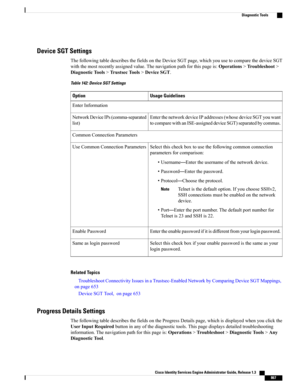 Page 913Device SGT Settings
ThefollowingtabledescribesthefieldsontheDeviceSGTpage,whichyouusetocomparethedeviceSGT
withthemostrecentlyassignedvalue.Thenavigationpathforthispageis:Operations>Troubleshoot>
DiagnosticTools>TrustsecTools>DeviceSGT.
Table 142: Device SGT Settings
Usage GuidelinesOption
EnterInformation
EnterthenetworkdeviceIPaddresses(whosedeviceSGTyouwant
tocomparewithanISE-assigneddeviceSGT)separatedbycommas.
NetworkDeviceIPs(comma-separated
list)
CommonConnectionParameters...