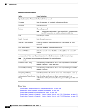 Page 914Table 143: Progress Details Settings
Usage GuidelinesOption
SpecifyConnectionParametersforNetworkDevicea.b.c.d
Entertheusernameforloggingintothenetworkdevice.Username
Enterthepassword.Password
Choosetheprotocol.
Telnetisthedefaultoption.IfyouchooseSSHv2,youmustensure
thatSSHconnectionsareenabledonthenetworkdevice.
Note
Protocol
Entertheportnumber.Port
Entertheenablepassword.EnablePassword
Checkthischeckboxiftheenablepasswordisthesameasthelogin
password.
SameAsLoginPassword...