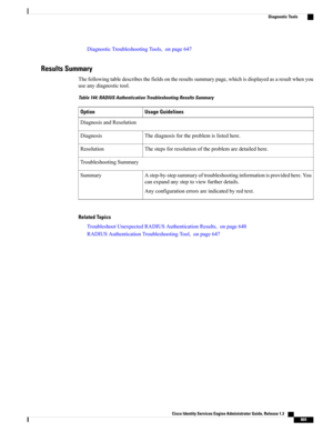 Page 915DiagnosticTroubleshootingTools,onpage647
Results Summary
Thefollowingtabledescribesthefieldsontheresultssummarypage,whichisdisplayedasaresultwhenyou
useanydiagnostictool.
Table 144: RADIUS Authentication Troubleshooting Results Summary
Usage GuidelinesOption
DiagnosisandResolution
Thediagnosisfortheproblemislistedhere.Diagnosis
Thestepsforresolutionoftheproblemaredetailedhere.Resolution
TroubleshootingSummary
Astep-by-stepsummaryoftroubleshootinginformationisprovidedhere.You...