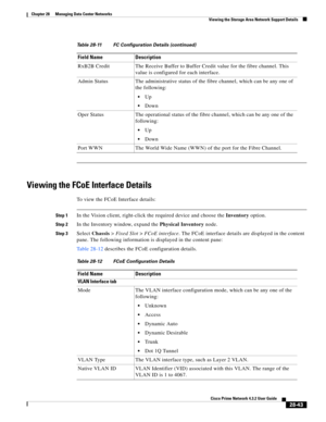 Page 1011 
28-43
Cisco Prime Network 4.3.2 User Guide
Chapter 28      Managing Data Center Networks
  Viewing the Storage Area Network Support Details
Viewing the FCoE Interface Details
To view the FCoE Interface details:
Step 1In the Vision client, right-click the required device and choose the Inventory option.
Step 2In the Inventory window, expand the Physical Inventory node.
Step 3Select Chassis> Fixed Slot> FCoE interface. The FCoE interface details are displayed in the content 
pane. The following...