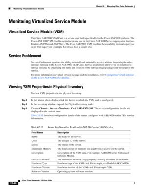 Page 1016 
28-48
Cisco Prime Network 4.3.2 User Guide
Chapter 28      Managing Data Center Networks
  Monitoring Virtualized Service Module
Monitoring Virtualized Service Module
Virtualized Service Module (VSM)
The Cisco ASR 9000 VSM Card is a service card built specifically for the Cisco ASR9000 platform. The 
Cisco ASR 9000 VSM Card is supported on any slot on the Cisco ASR 9000 Series Aggregation Services 
Router (ASR90xx and ASR99xx). The Cisco ASR 9000 VSM Card has the capability to run a hypervisor 
on it....