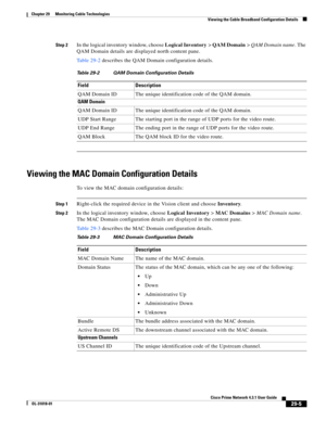 Page 1029 
29-5
Cisco Prime Network 4.3.1 User Guide
OL-31018-01
Chapter 29      Monitoring Cable Technologies
  Viewing the Cable Broadband Configuration Details
Step 2In the logical inventory window, choose Logical Inventory> QAM Domain> QAM Domain name. The 
QAM Domain details are displayed north content pane.
Table 29-2 describes the QAM Domain configuration details.
Viewing the MAC Domain Configuration Details
To view the MAC domain configuration details:
Step 1Right-click the required device in the Vision...