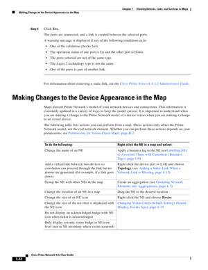 Page 106  
7-32
Cisco Prime Network 4.3.2 User Guide
Chapter 7      Viewing Devices, Links, and Services in Maps
  Making Changes to the Device Appearance in the Map
Step 6Click Ye s . 
The ports are connected, and a link is created between the selected ports.
A warning message is displayed if any of the following conditions exist: 
One of the validation checks fails.
The operation status of one port is Up and the other port is Down.
The ports selected are not of the same type.
The Layer 2 technology type is not...