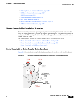 Page 1115 
C-3
Cisco Prime Network 4.3.2 User Guide
Appendix C      Event Correlation Examples
  Correlation Scenarios
BGP Neighbor Loss Correlation Scenarios, page C-14
EFP Down Correlation Scenarios, page C-29
HSRP Scenarios, page C-31
IP Interface Failure Scenarios, page C-32
GRE Tunnel Down/Up, page C-40
Q-in-Q Subinterface Down Correlation Scenarios, page C-43
VSI Down Correlation Scenarios, page C-45
Device Unreachable Correlation Scenarios
Device reachability is measured by management protocol...