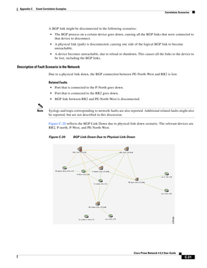 Page 1133 
C-21
Cisco Prime Network 4.3.2 User Guide
Appendix C      Event Correlation Examples
  Correlation Scenarios
A BGP link might be disconnected in the following scenarios:
The BGP process on a certain device goes down, causing all the BGP links that were connected to 
that device to disconnect.
A physical link (path) is disconnected, causing one side of the logical BGP link to become 
unreachable.
A device becomes unreachable, due to reload or shutdown. This causes all the links to the device to 
be...