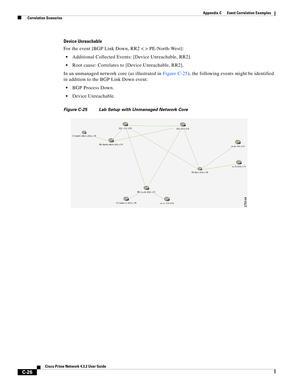 Page 1138 
C-26
Cisco Prime Network 4.3.2 User Guide
Appendix C      Event Correlation Examples
  Correlation Scenarios
Device Unreachable
For the event [BGP Link Down, RR2 < > PE-North-West]: 
Additional Collected Events: [Device Unreachable, RR2].
Root cause: Correlates to [Device Unreachable, RR2].
In an unmanaged network core (as illustrated in Figure C-25), the following events might be identified 
in addition to the BGP Link Down event:
BGP Process Down.
Device Unreachable.
Figure C-25 Lab Setup with...