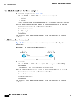 Page 1156 
C-44
Cisco Prime Network 4.3.2 User Guide
Appendix C      Event Correlation Examples
  Correlation Scenarios
Q-in-Q Subinterface Down Correlation Example 2
In this example, using the devices in Figure C-44:
On device 7201-P1 on Gi0/3, the following subinterfaces are configured: 
–Gi0/3.100
–Gi0/3.101
A local pseudowire tunnel is configured and links Gi0/3.100 with Gi0/3.101 for local switching. 
When the Gi0/3.100 subinterface is shut down by the administrator, the following are generated:
Subinterface...