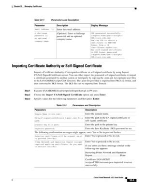 Page 1167 
33-3
Cisco Prime Network 4.3.2 User Guide
Chapter 33      Managing Certificates
  
Importing Certificate Authority or Self-Signed Certificate
Import a Certificate Authority (CA) signed certificate or self-signed certificate by using Import 
CA/Self-Signed Certificate option. You can either import the generated self-signed certificate or import 
a certificate generated by another system or third party by copying the .pem and .key (private key) files 
to the $ANAHOME/scripts/CSR directory. The .pem file...