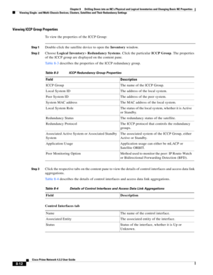 Page 124  
8-12
Cisco Prime Network 4.3.2 User Guide
Chapter 8      Drilling Down into an NE’s Physical and Logical Inventories and Changing Basic NE Properties
  Viewing Single- and Multi-Chassis Devices, Clusters, Satellites and Their Redundancy Settings
Viewing ICCP Group Properties
To view the properties of the ICCP Group:
Step 1Double-click the satellite device to open the Inventory window.
Step 2Choose Logical Inventory> Redundancy Systems. Click the particular ICCP Group. The properties 
of the ICCP group...