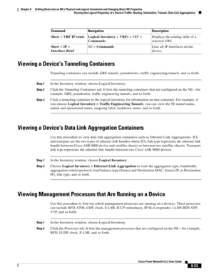 Page 135  
8-23
Cisco Prime Network 4.3.2 User Guide
Chapter 8      Drilling Down into an NE’s Physical and Logical Inventories and Changing Basic NE Properties
  Viewing the Logical Properties of a Device (Traffic, Routing, Information, Tunnels, Data Link Aggregations,
Viewing a Device’s Tunneling Containers
Tunneling containers can include GRE tunnels, pseudowires, traffic engineering tunnels, and so forth. 
Step 1In the Inventory window, choose Logical Inventory.
Step 2Click the Tunneling Containers tab. It...