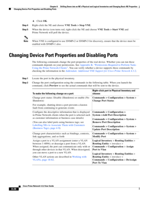 Page 140  
8-28
Cisco Prime Network 4.3.2 User Guide
Chapter 8      Drilling Down into an NE’s Physical and Logical Inventories and Changing Basic NE Properties
  Changing Device Port Properties and Disabling Ports
d.Click OK.
Step 4Right-click the NE and choose VNE Tools > Stop VNE.
Step 5When the device icon turns red, right-click the NE and choose VNE Tools > Start VNE and 
Prime Network will poll the device.
NoteWhen VNE is configured to use SNMPv2 or SNMPv3 for discovery, ensure that the device must be...