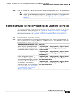 Page 141  
8-29
Cisco Prime Network 4.3.2 User Guide
Chapter 8      Drilling Down into an NE’s Physical and Logical Inventories and Changing Basic NE Properties
  Changing Device Interface Properties and Disabling Interfaces
Step 3Select the port and click Poll Now to synchronize the map information with the new device information.
NoteBe sure you perform the poll from the right location in the inventory or your changes may 
not be reflected correctly in Prime Network. See Updating the Inventory (Poll Now),...