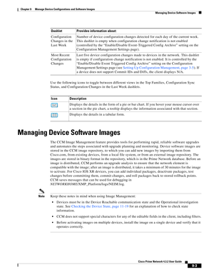 Page 151  
9-3
Cisco Prime Network 4.3.2 User Guide
Chapter 9      Manage Device Configurations and Software Images
  Managing Device Software Images
Use the following icons to toggle between different views in the Top Families, Configuration Sync 
Status, and Configuration Changes in the Last Week dashlets.
Managing Device Software Images
The CCM Image Management feature provides tools for performing rapid, reliable software upgrades 
and automates the steps associated with upgrade planning and monitoring....