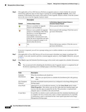 Page 160  
9-12
Cisco Prime Network 4.3.2 User Guide
EDCS-1524415
Chapter 9      Manage Device Configurations and Software Images
  Managing Device Software Images
Step 6(Not applicable to Cisco OLT devices) Perform an upgrade analysis to check whether the network 
element has sufficient space for the image or package by clicking Upgrade Analysis. After a few 
moments, CCM displays the results of the analysis in the Upgrade Analysis column. Click the symbol 
next to the icon to see the Upgrade Analysis report....