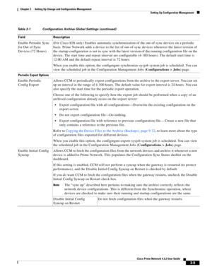 Page 19 
3-9
Cisco Prime Network 4.3.2 User Guide
Chapter 3      Setting Up Change and Configuration Management
  Setting Up Configuration Management
Enable Periodic Sync 
for Out of Sync 
Devices (72 Hours)(For Cisco IOS only) Enables automatic synchronization of the out-of-sync devices on a periodic 
basis. Prime Network adds a device to the list of out-of-sync devices whenever the latest version of 
the startup configuration is not in sync with the latest version of the running configuration file on the...